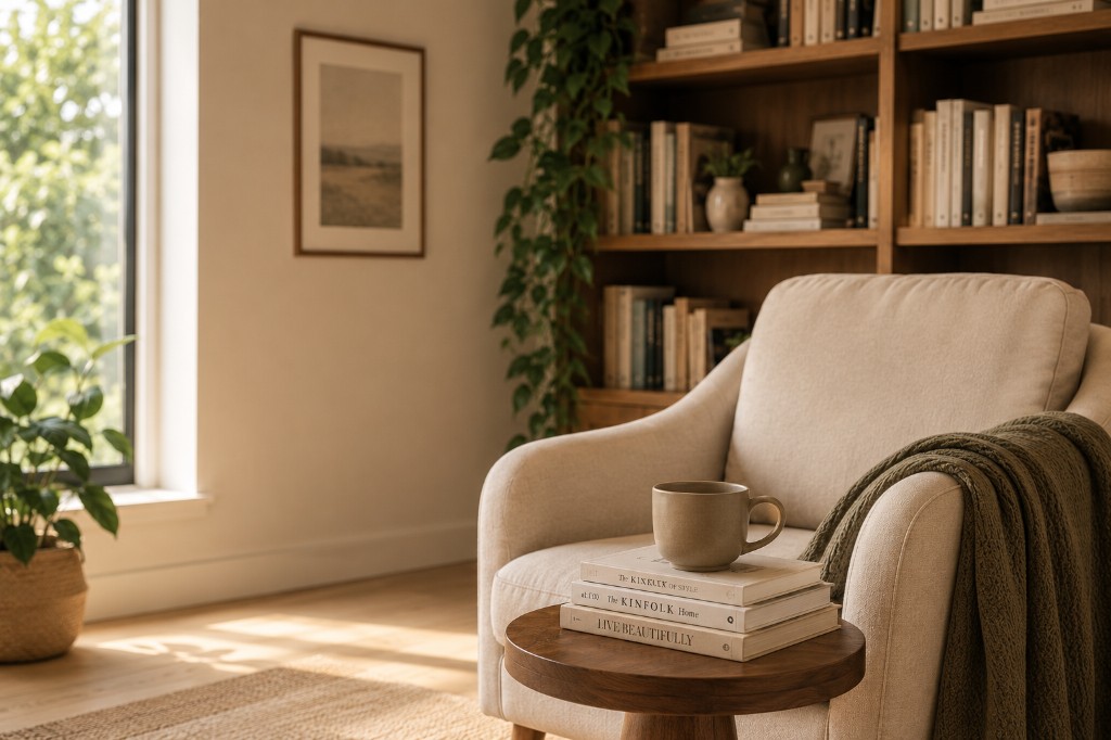 Warm reading room with an armchair, bookshelves, stacked books, and a coffee cup
